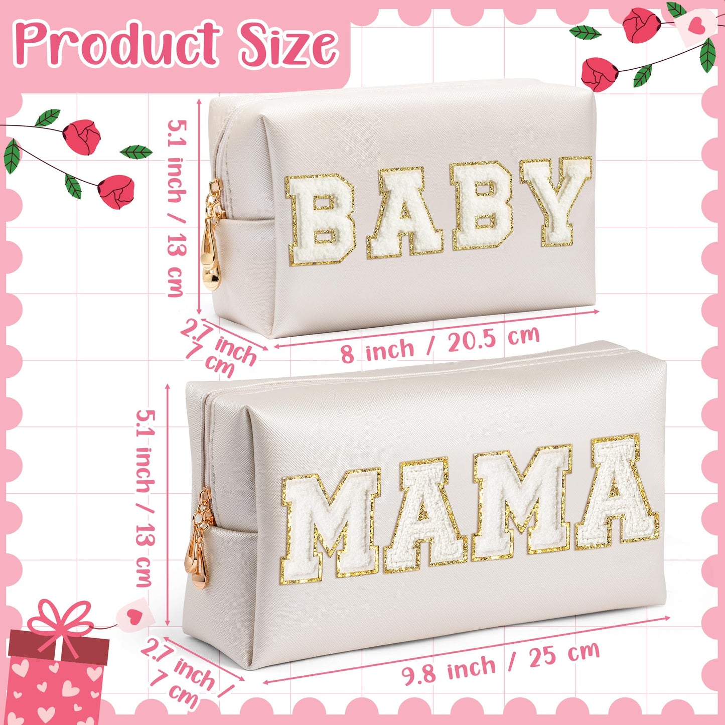 CY2SIDE MAMA Baby Letter Makeup Bag - 2PCS White MAMA and BABY Chenille Letter Patch Cosmetic Bag Pink PU Leather Patch Pouch Waterproof Portable Zipper Travel Organizer Case Xmas Gifts for Mom Women