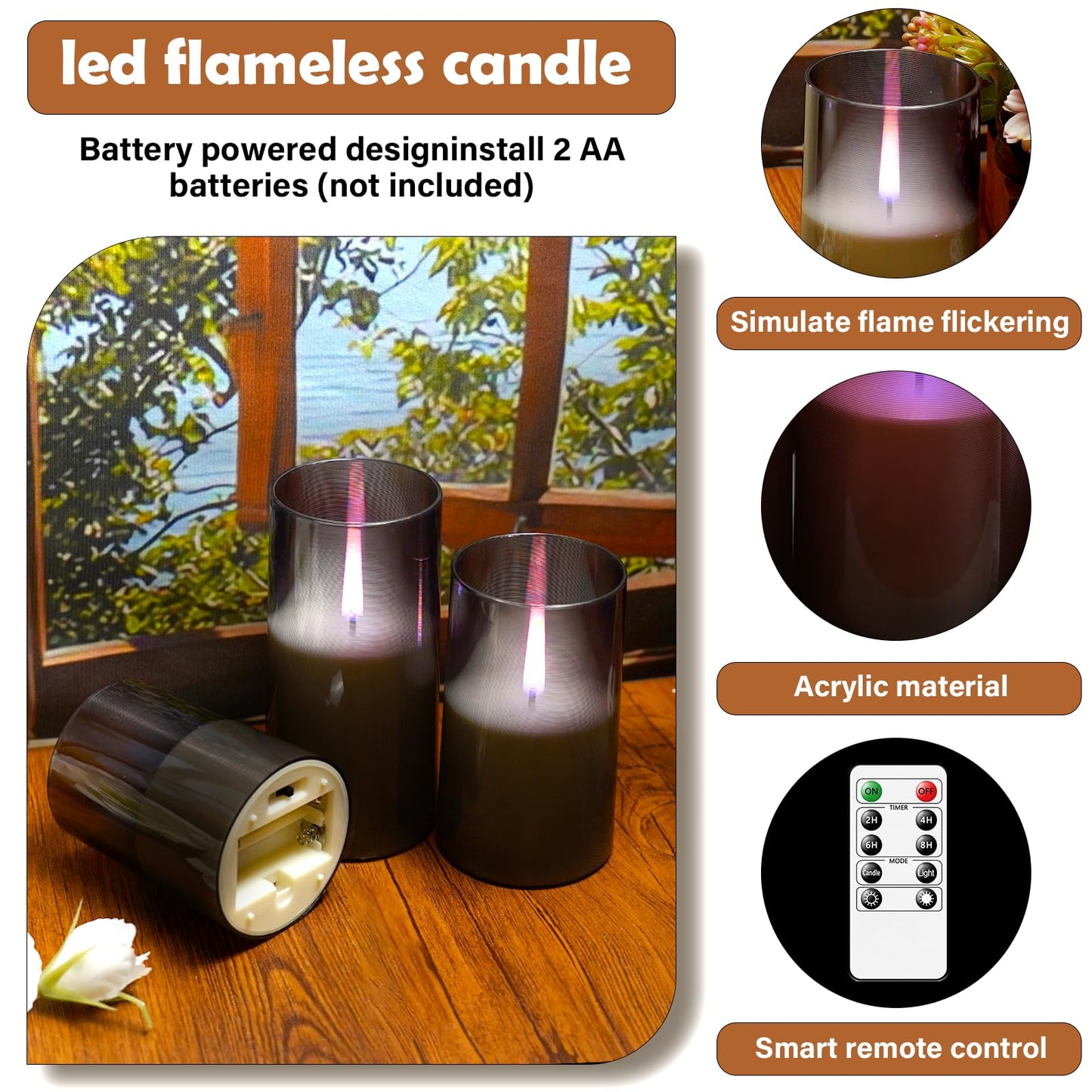kakoya Flameless Candles Upgraded Realistic Flickering Flame,Battery Operated LED Candles with Remote Timers,Acrylic Electric Candles Set of 3(D 3" xH 4" 5" 6")(Grey)