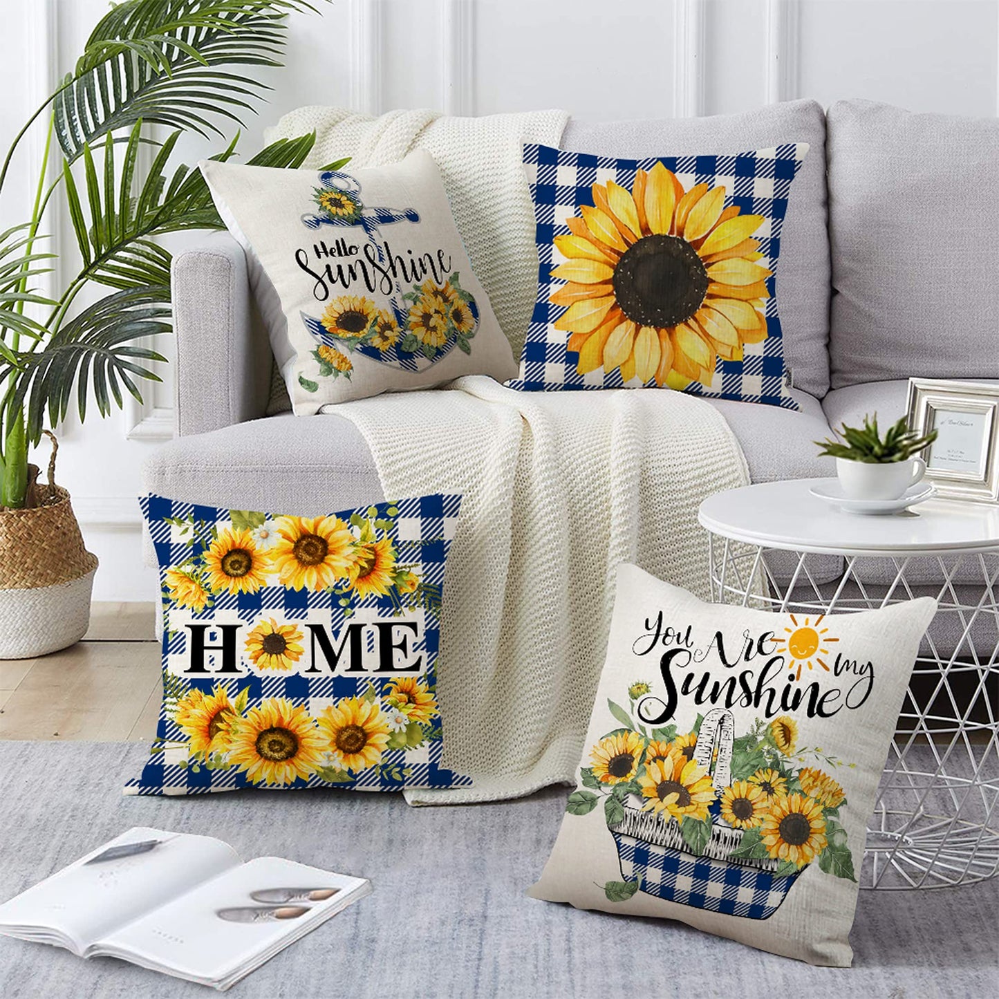 pinata Sunflower Pillow Covers 18x18 Set of 4, Sunflowers Outdoor Throw Pillows for Couch, Yellow Blue Summer Pillow Covers, Farmhouse Sunflower Decor for Home Outdoor Sofa Couch