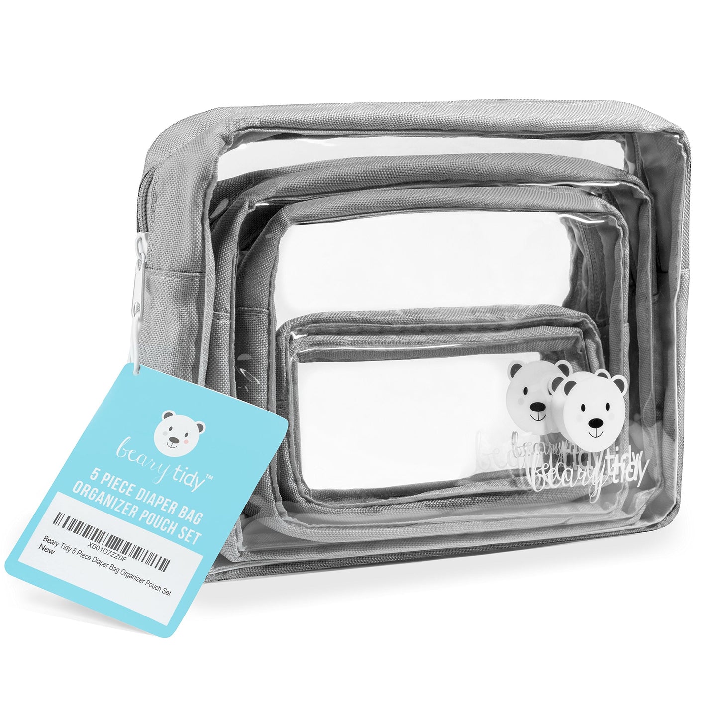 Beary Tidy 5 Piece Diaper Bag Organizer Pouch Set, Clear with Zippers and Nestable