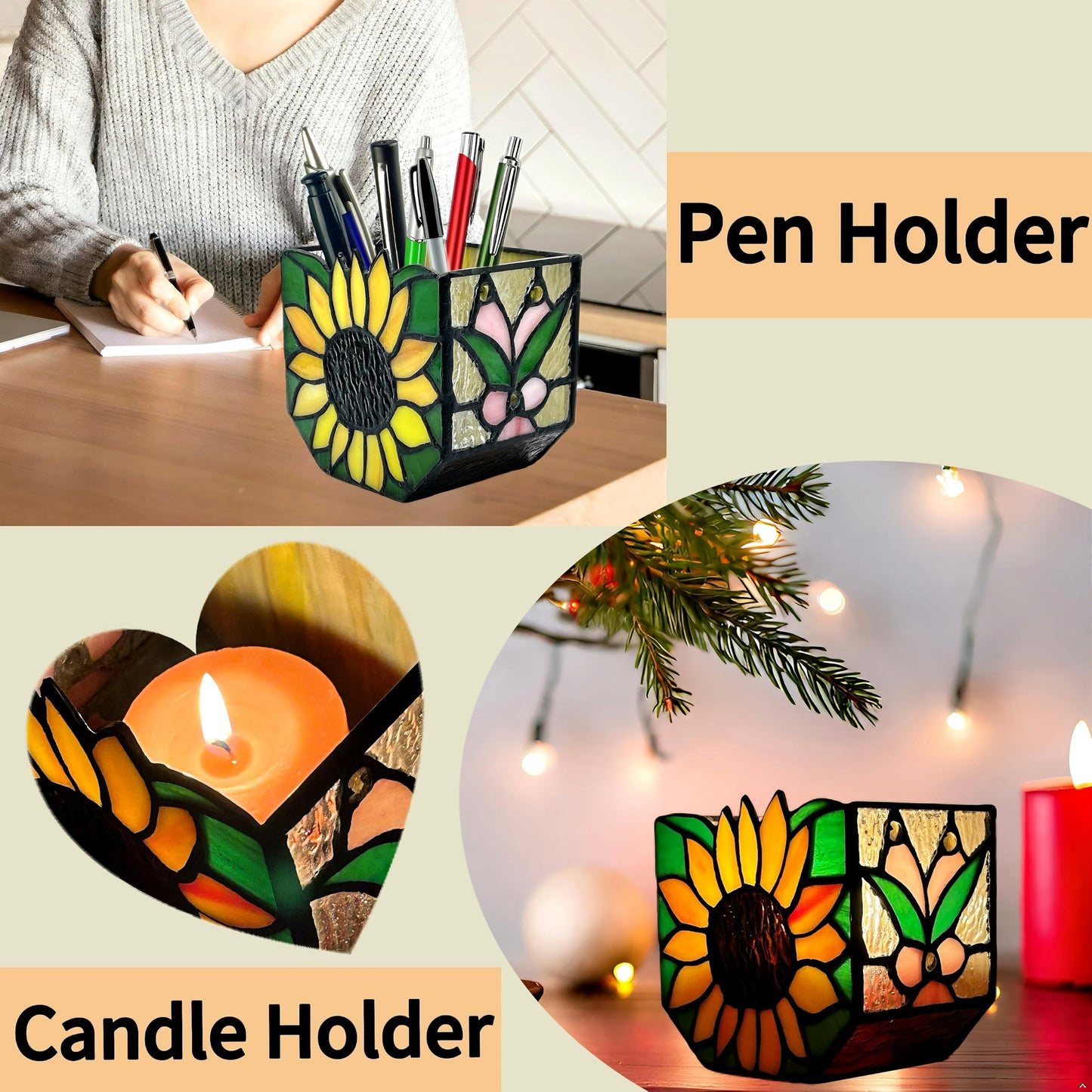 Entlityful Stained Glass Sunflower Garden Planters,Indoor Plant Pots with Drainage,Unique Plant Pots for Dried Flowers,Sunflower Gifts,4.6 x 3 x 5.15 in