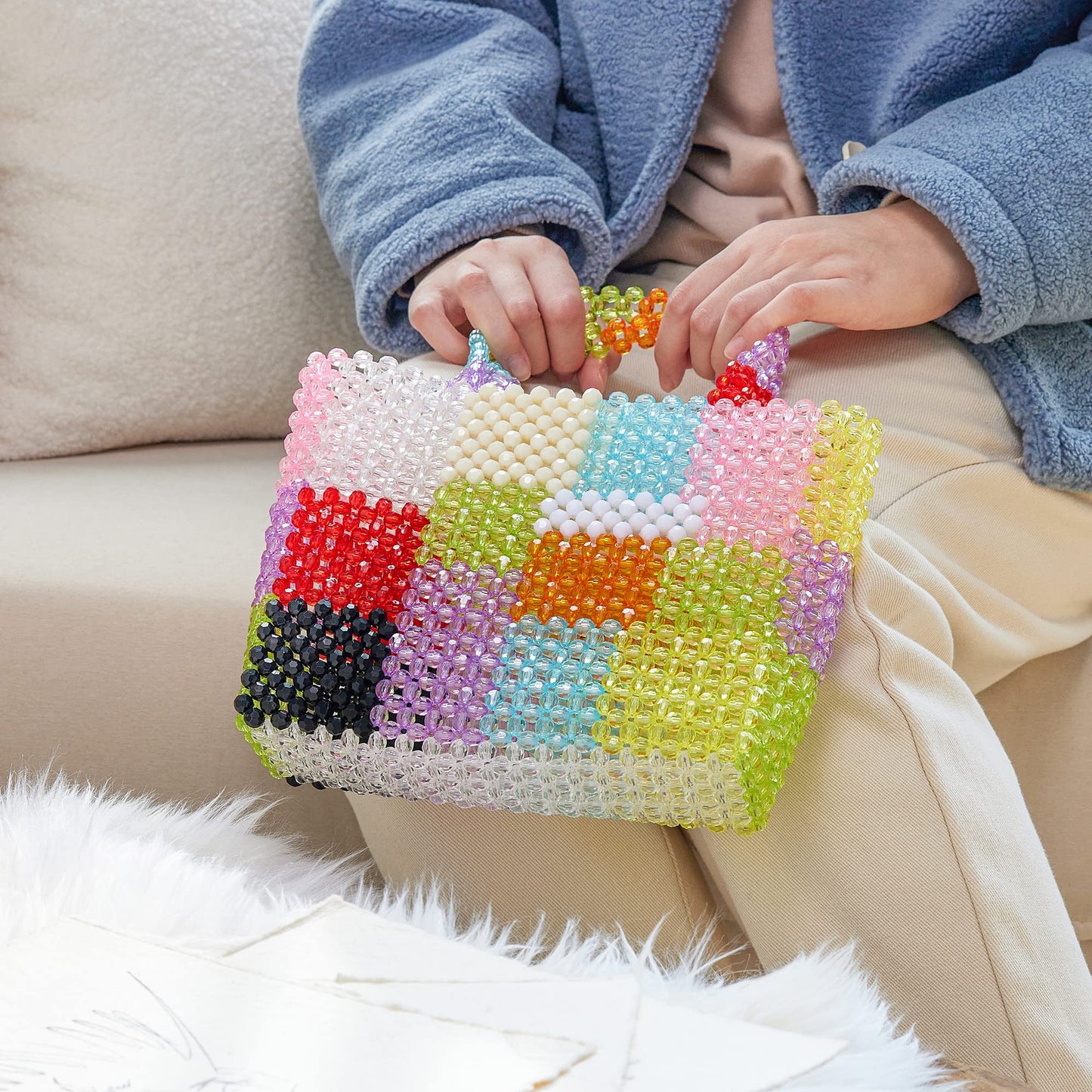 Grandxii Beaded Bag Summer Beach Bag Acrylic Handbags Handmade Tote Bags for Wedding Party Rainbow Colorful