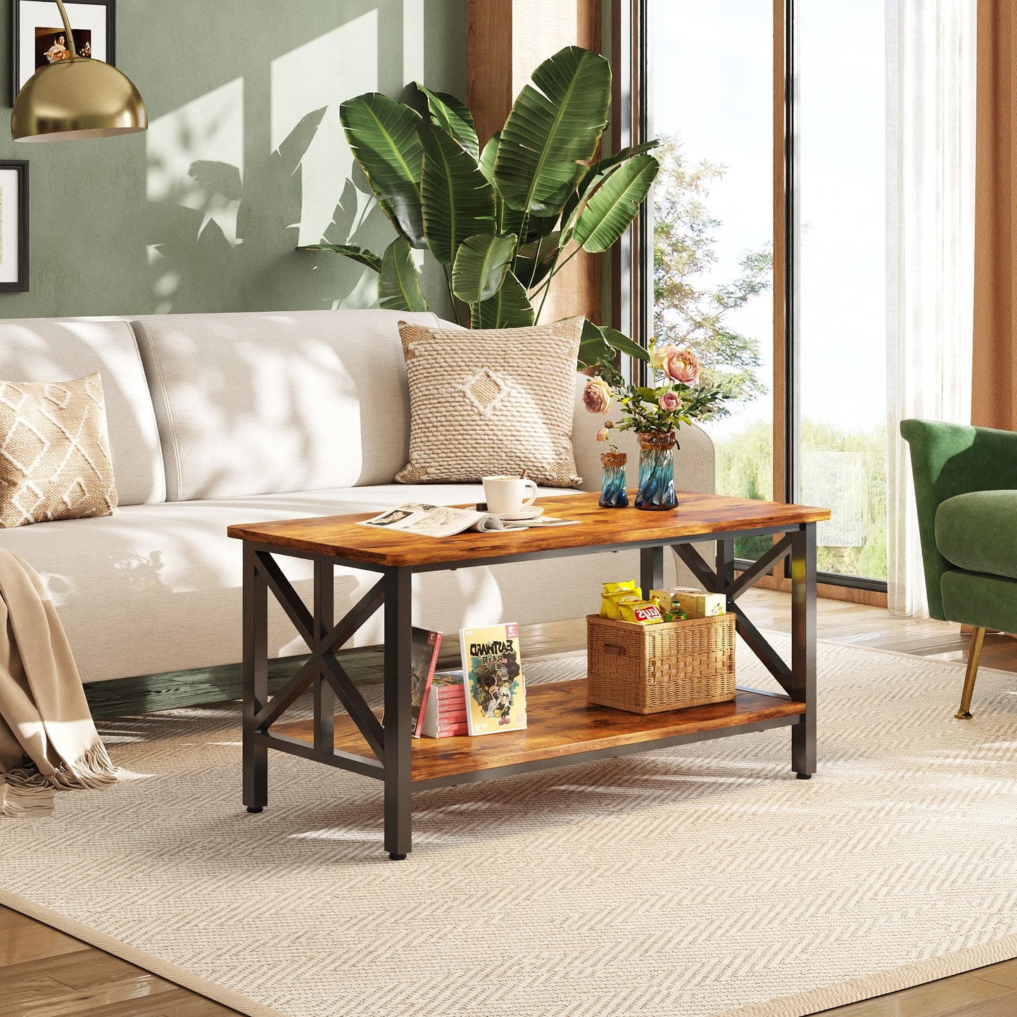 WLIVE Coffee Table for Living Room, 39" Center Table with Round Corners, Storage Shelf, Farmhouse Style Small Coffee Table with Metal Frame, Rustic Brown