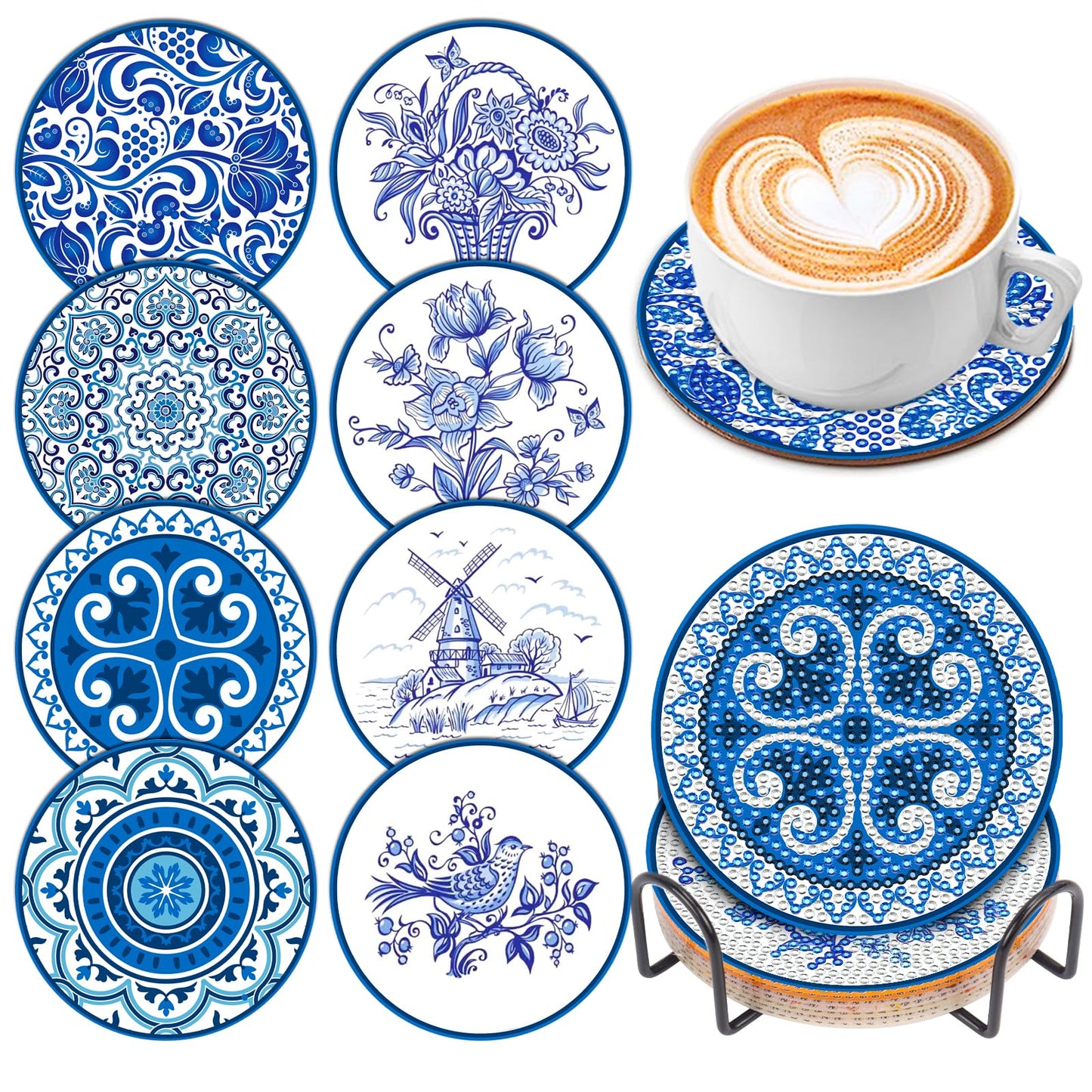 8 Pcs Ocean Diamond Art Painting Coasters with Holder, DIY Ocean Diamond Crafts Coasters for Adults, Diamond Art Painting Kits for Women, Beginners, Diamond Craft Supplies