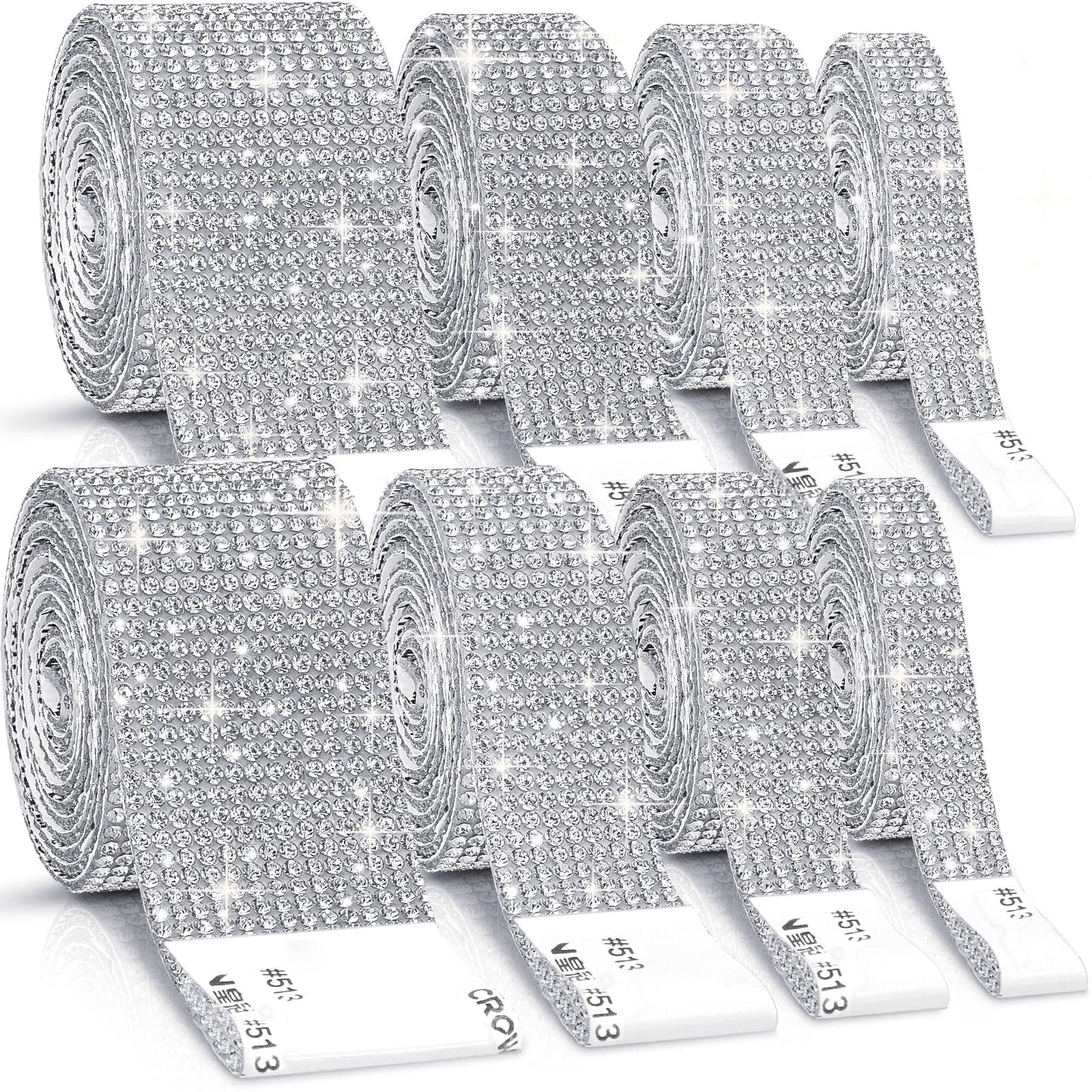 8 Rolls Rhinestone Ribbons,Cludoo 8 Yard Silver Self Adhesive Rhinestone Ribbon, Bling Crystal Diamond Ribbon Roll Wrap Glittering Rhinestones Sticker for Decoration Car DIY Arts Crafts Wedding