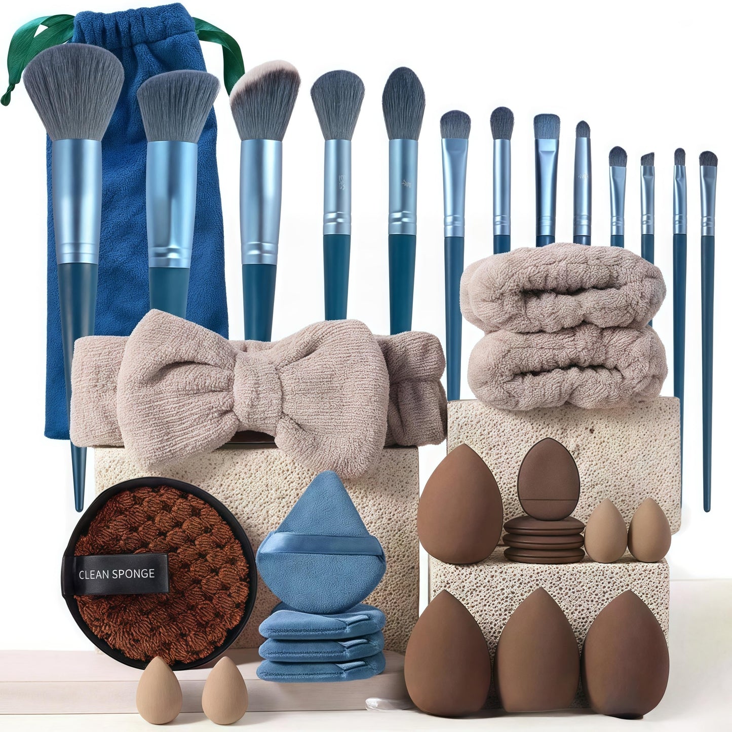 Makeup Brush Set 33 Pcs Makeup Tool Set Premium Synthetic Foundation Powder Concealers Eye shadows Blush Makeup Brushes (blue, 33 Piece Set)