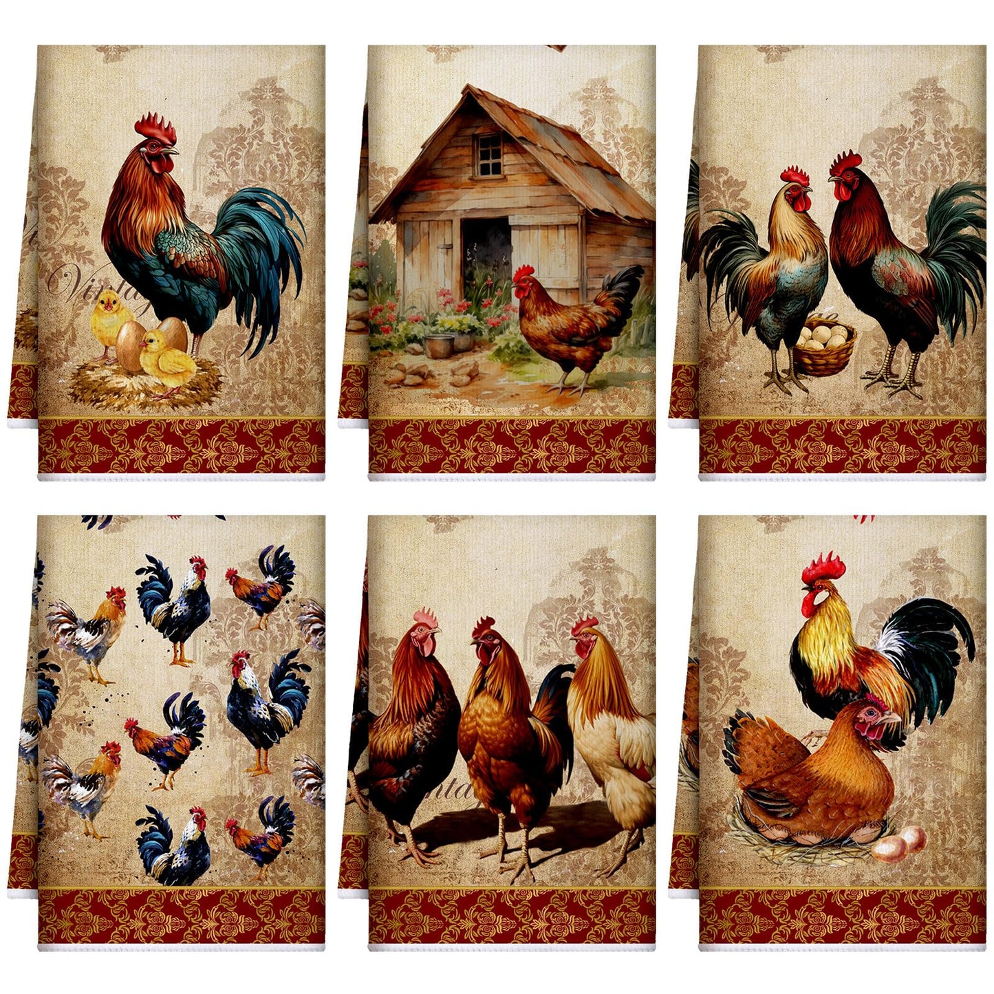 Bencailor 6 Pcs Farmhouse Kitchen Towels Chicken Rooster Kitchen Decor Farm Animal Hand Towels for Cooking Baking Housewarming Gift,15.75 x 23.62 inch(Brown,Retro Chicken Print)