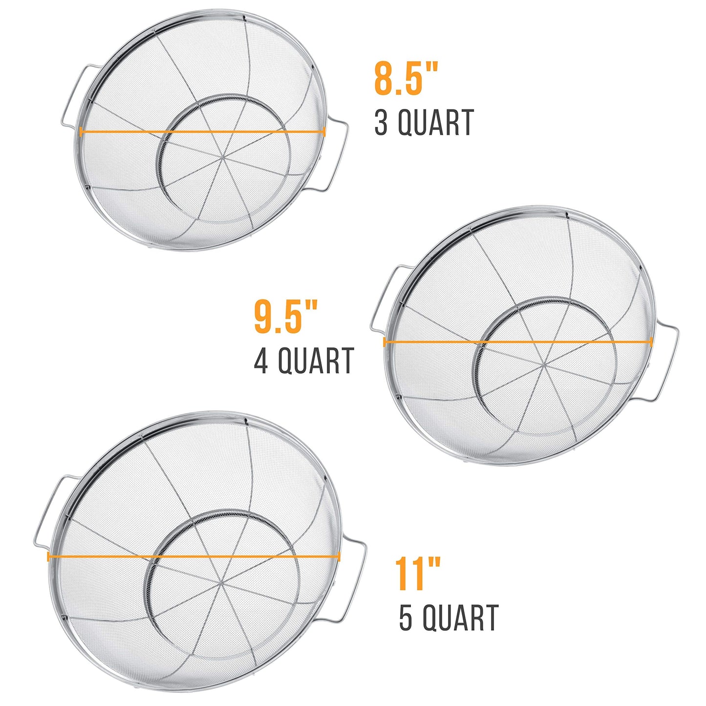 U.S. Kitchen Supply Set of 3 Stainless Steel Colander Strainers Net Baskets - 11", 9.5" & 8.5" Sizes - Colander with Handles & Resting Base - Stainless Steel Sieve, Strainers and Colanders for Kitchen