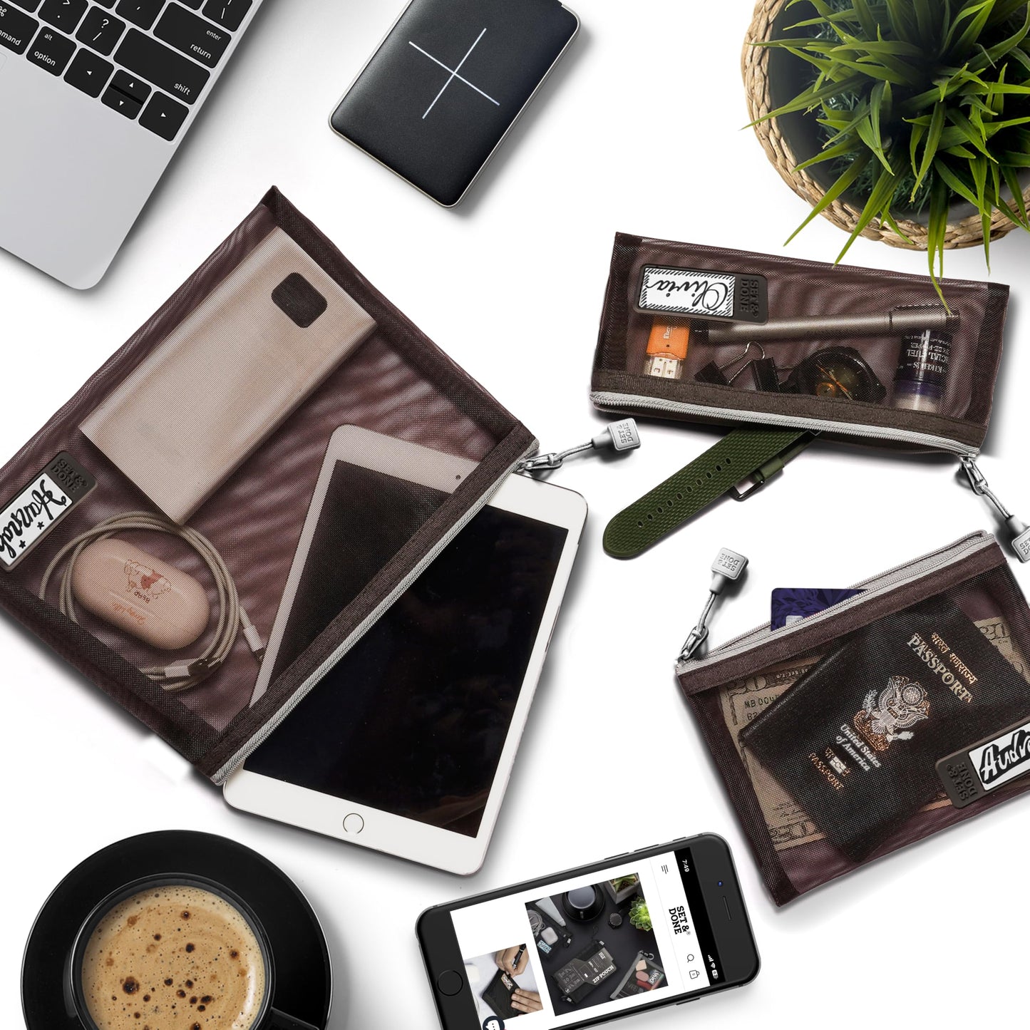 Pack of 3 Nylon Zipper Mesh Pouch Set with Name Tab - Premium Travel Organizers - Mesh Bags for Ultimate Organization - Ideal for Diaper Bag and Makeup Storage - Espresso Brown.