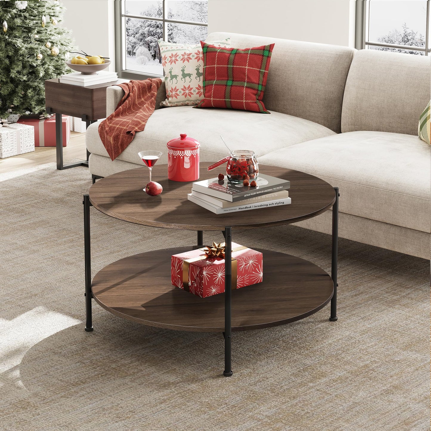 WLIVE Round Coffee Table for Living Room, 32.6" Small Coffee Table with Open Storage Shelf, 2-Tier Industrial Circle Wood Center Table for Bedroom, Home Office, Brown Walnut