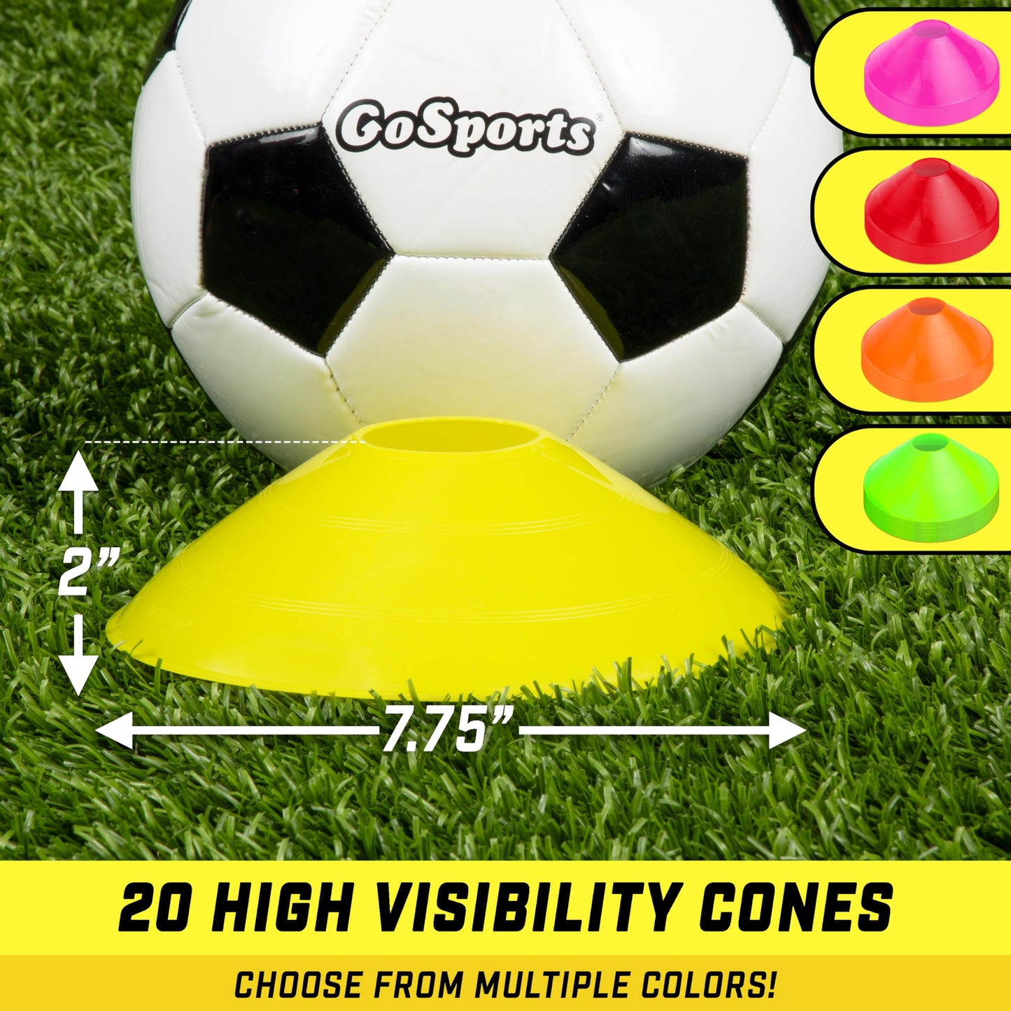 GoSports Premium Sports Cones for Agility Training and Drills - 20 Pack with Tote - Yellow