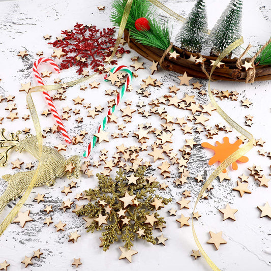 BBTO 400 Pieces Mini Wooden Stars for Crafts Mixed Size Bulk Small Wood Stars Cutout Ornaments Slices Embellishments Tags for DIY Crafts Wedding Party Christmas Decoration