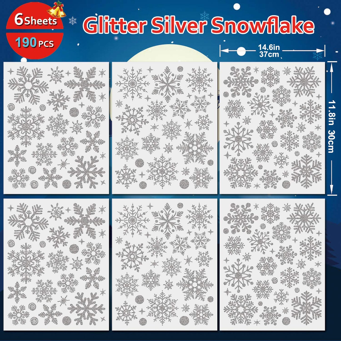Glitter Snowflake Window Clings Christmas Window Decals for Glass Winter Xmas Navidad Decorations 190 Pcs (Sliver)