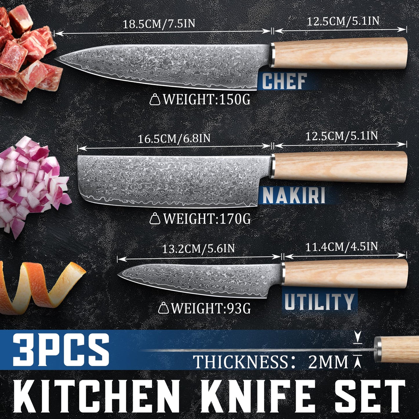 ROCOCO Damascus Chef Knife Set - Japanese Nakiri Utility Paring Knives Sharp Gyuto Meat Cleaver for Home Kitchen Gift Idea