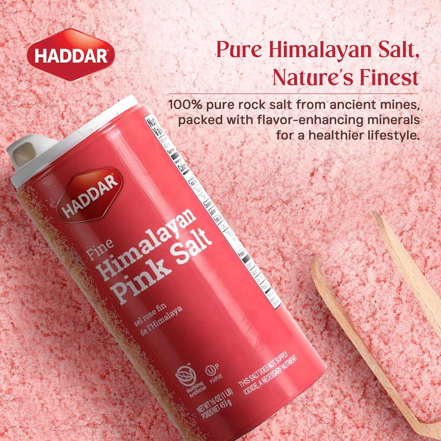 Haddar Fine Himalayan Pink Salt, 16 oz (2 Pack) | Pure and Natural Pink Himalayan Sea Salt | Rich in Essential Minerals | Gourmet Cooking and Seasoning Salt | Table Salt Alternative