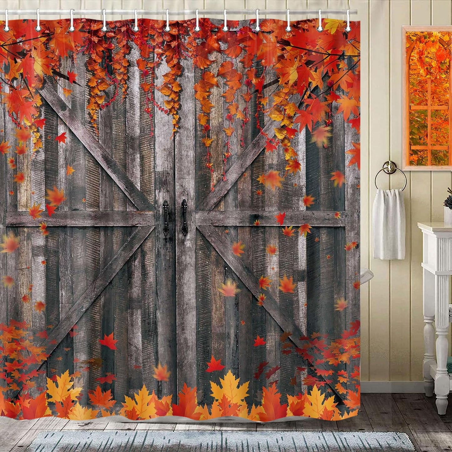 Rustic Fall Barn Door Shower Curtain Sets for Bathroom,Seasonal Theme Autumn Maple Leaves Bath Curtain, Retro Wood Board Thanksgiving Harvest Day Farmhouse Decoration Curtains with Hooks 72X84IN