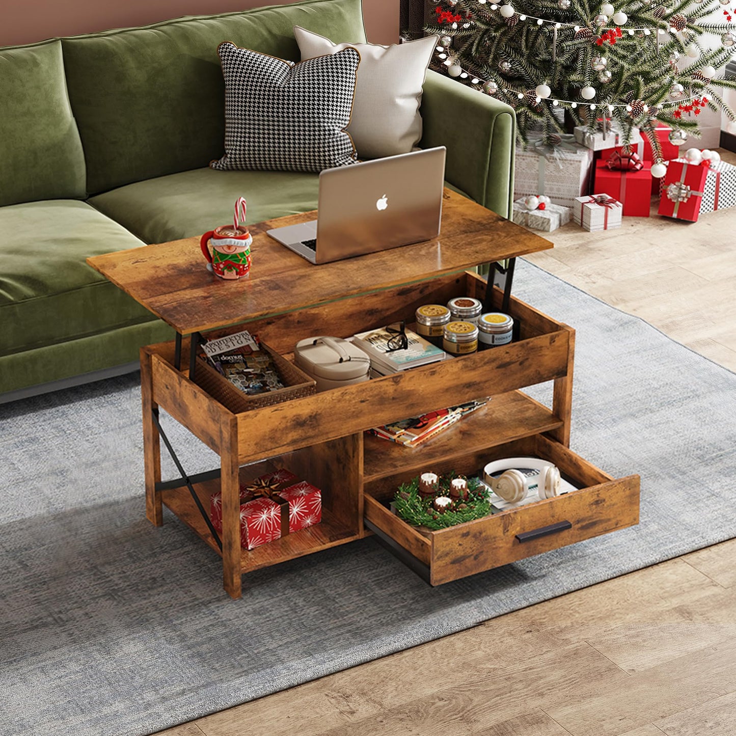 WLIVE Coffee Table, 39" Lift Top Coffee Table with Hidden Compartment, Storage Drawers and Storage Shelf for Living Room, Reception Room, Rustic Brown