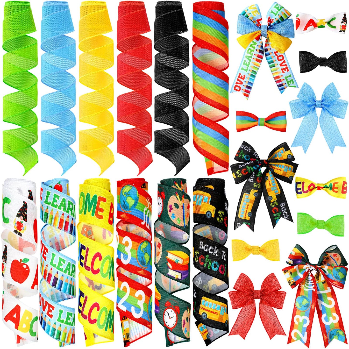 Chunful 12 Rolls Back to School Wired Edge Ribbon 2" x 5 Yards Crayon School Bus Burlap Ribbon Crafts Fabric Decorative for Gift Wrapping Hair Bow Sewing Wreath Supplies
