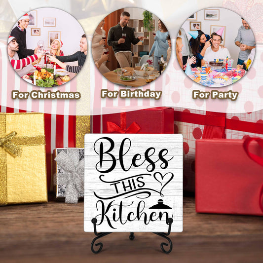 GOLRMC Kitchen Counter Decor, Table Decorations for Dining Room, Blessd Sign, Fun Farmhouse Kitchen Wooden Plaque with Iron Stand for Table Shelf Display-A02