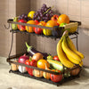 2 Tier Fruit Basket for Kitchen Counter with 2 Mobile Banana Hangers, 2025 Pro Detachable Metal Fruit Bowl with Wooden Handle, Fruit Holder for Bread Snack Veggies with Protective Mats