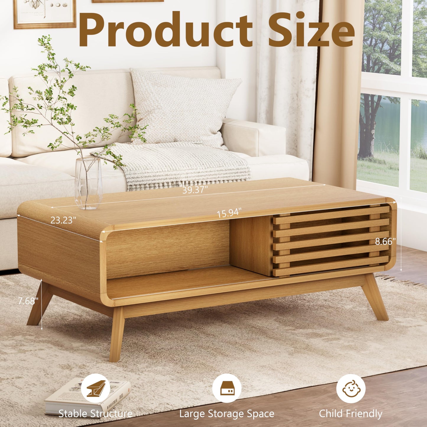 Royal Windsor Coffee Table,Mid Century Modern Table with Storage,Sliding Fence Door,Farmhouse Wooden Coffee Table for Living Room,Oak