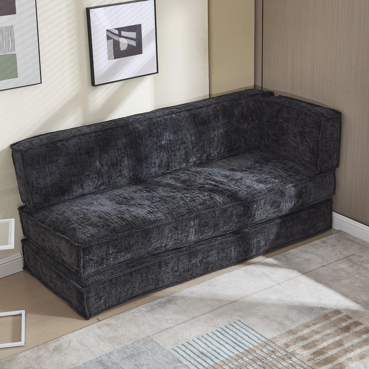 VYNELITO Modular Couch Convertible Sleeper Floor Sofa Bed, Chenille Folding Mattress Couch with Side Bag Storage, 4-in-1 Combined Lazy Sofa for Living Room Bedroom,Black