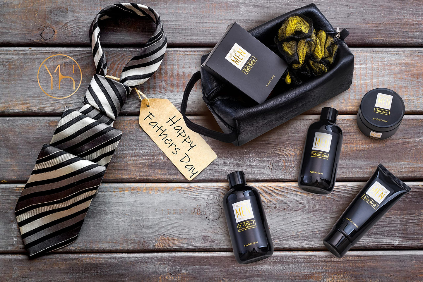 YARD HOUSE Bath and Body Spa Gift Baskets Set for Men - Sandalwood Amber - 7Pc Full Size Spa Kit in Toiletry Bag - Fathers Day Gifts For Husband, Dad From Wife, Daughter Son, Birthday Gifts For Him