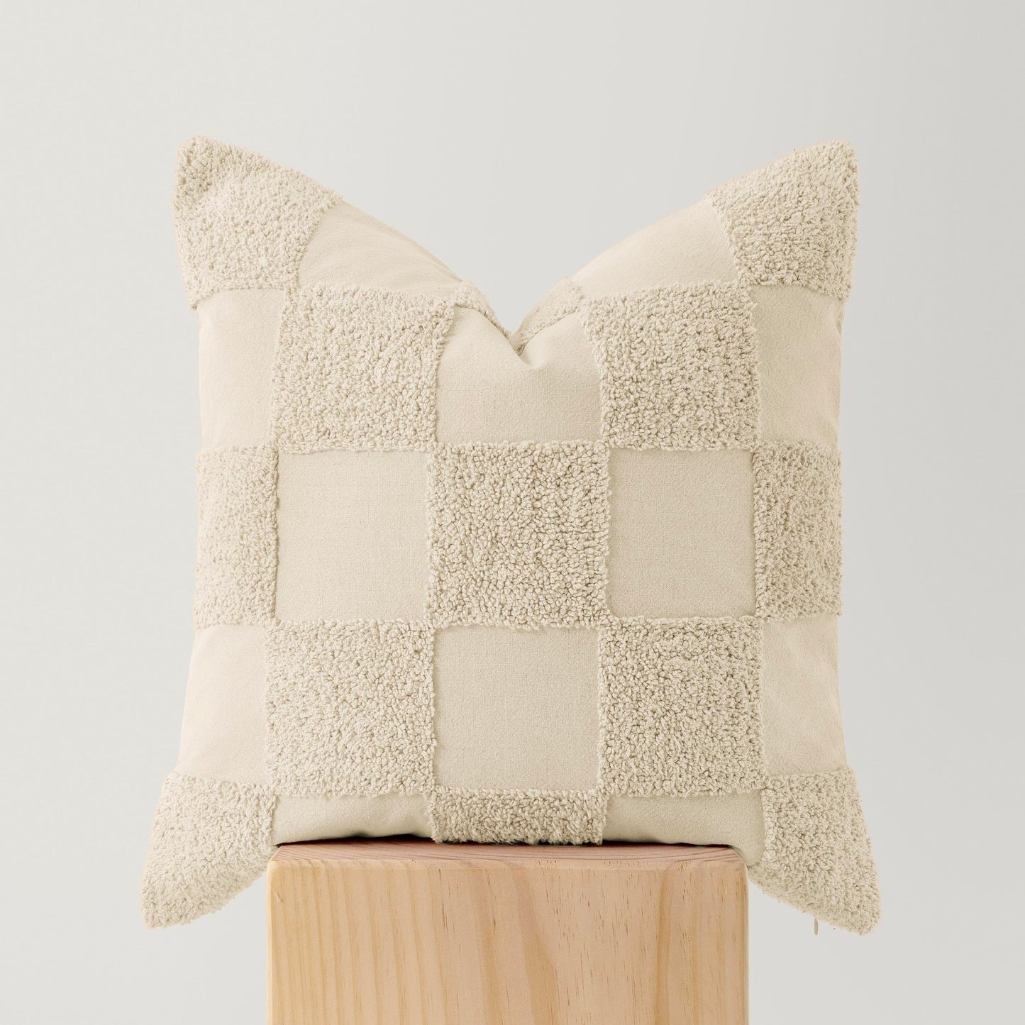 Double Stitch Checkered Throw Pillow Covers - 100% Cotton Tufted Boho Decorative Pillow Covers 18x18, Made in India, Square Cushion Case, Modern Home Decor for Couch, Sofa, Living Room, Oat