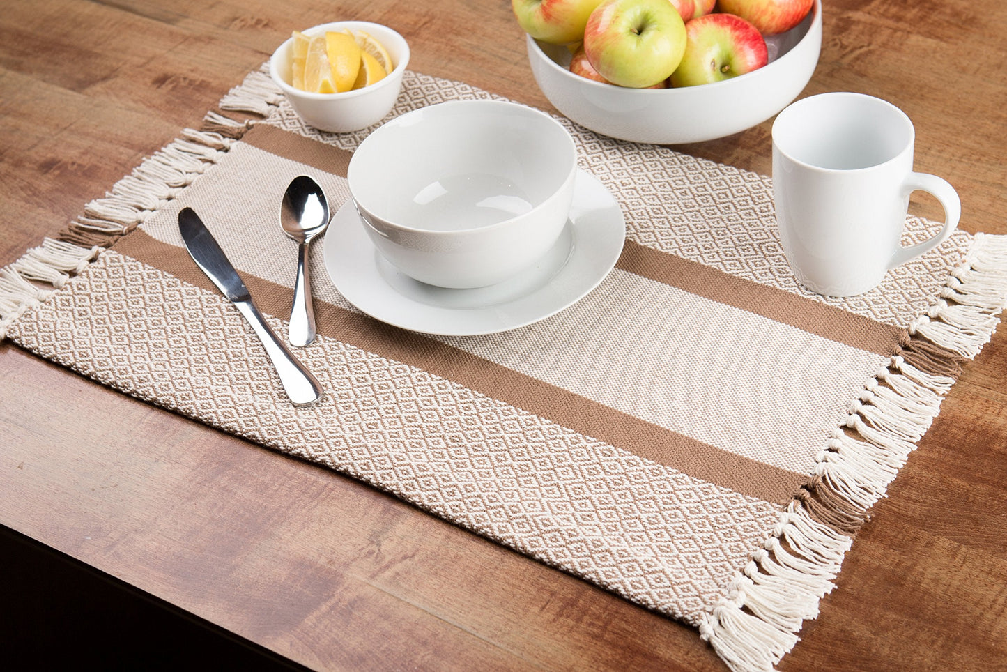 Sticky Toffee Cotton Placemats Set of 4 – Tan Woven 14x19 in Table Mats for Kitchen or Dining Table, Boho Style, Washable Cloth Placemats