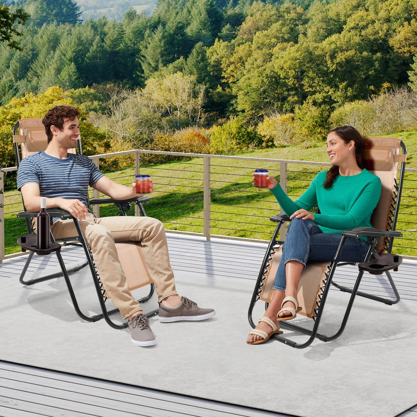 Elevon Zero Gravity Chair with Cup Holder & Removable Pillow, Adjustable Reclining Outdoor Patio Folding Chairs for Adults Portable Lounge Chair Furniture for Poolside, Lawn, Beach, Camping, Beige