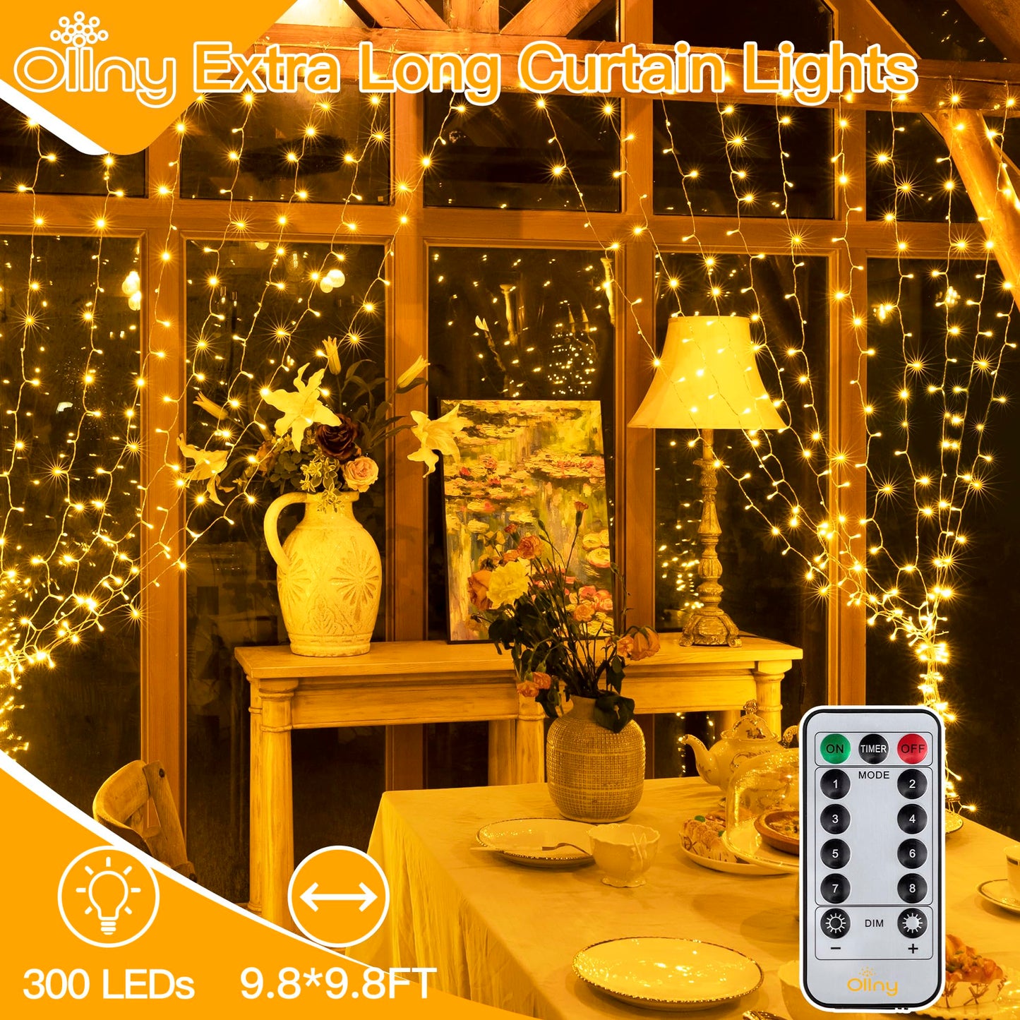 Ollny Christmas Curtain Lights 300 LED 9.8 FTx9.8 FT, Outdoor Waterproof Curtain String Lights with Remote Timer 8 Modes, USB Waterfall Window Lights for Wall Backdrop Home Decorations (Warm White)