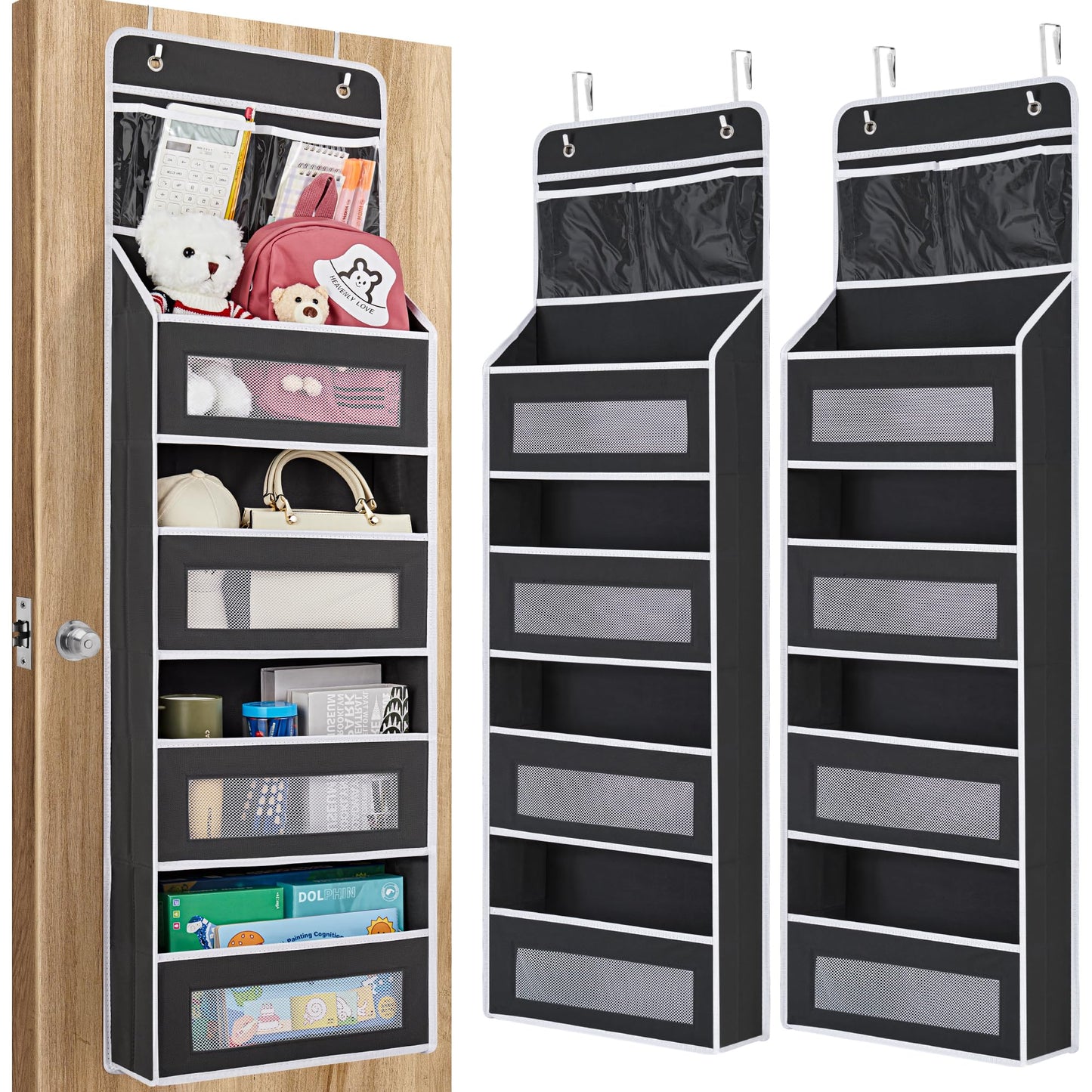 JARLINK 2 Pack 5-Shelf Over Door Organizer, Upgrade Hanging Storage with Clear Window, 50 lbs Load Storage Organizer for Bedroom, Bathroom, Nursery, Baby Kids Toys, Diapers, Pantry, Black