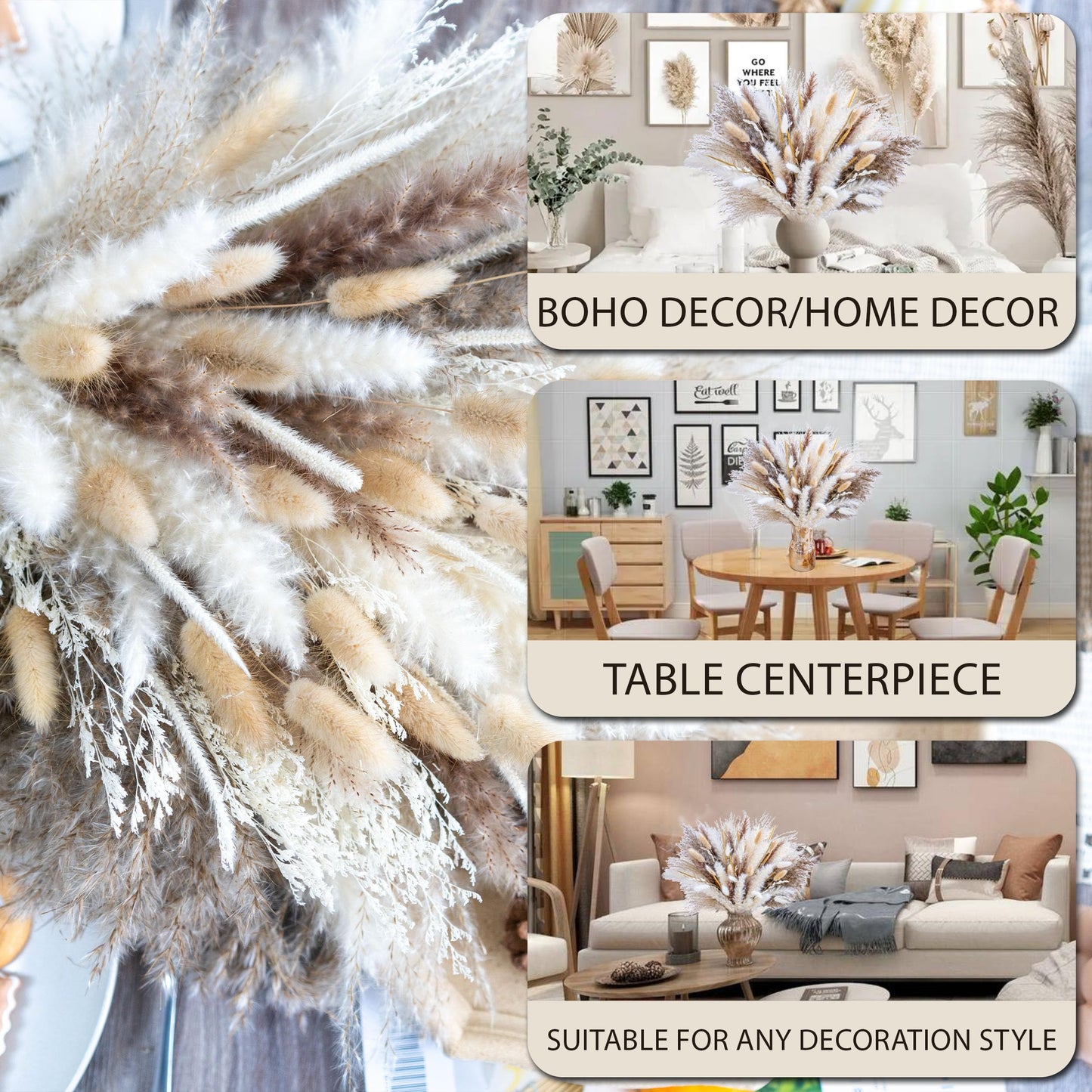 150PCS Natural Pampas Grass Bouquet | Boho Dried Floral Arrangement Centerpiece for Table, Wedding, Rustic Decor (150PCS)