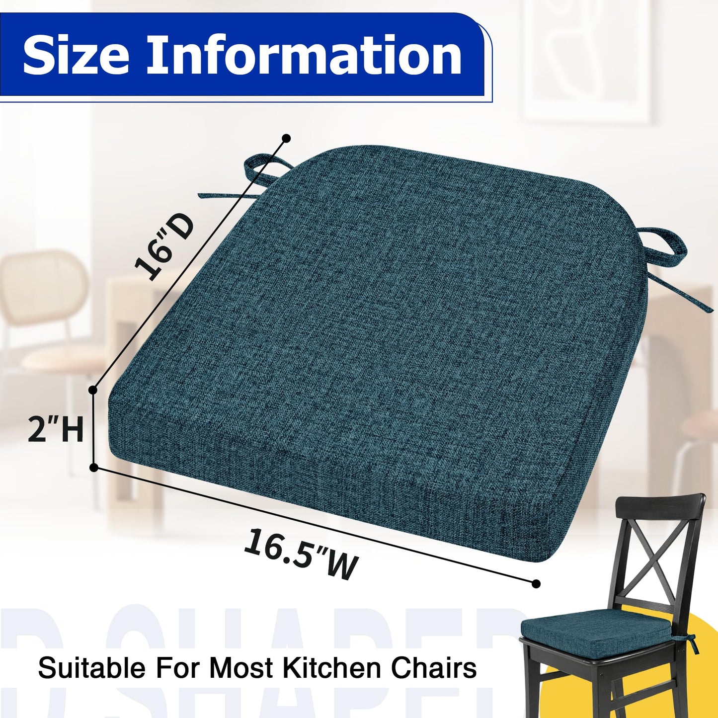 Tromlycs Chair Cushions for Dining Chairs Set of 4 with Ties Chair Seat Pads for Kitchen and Indoor Dining Chairs Non Slip 16"x16.5"x2", Blue