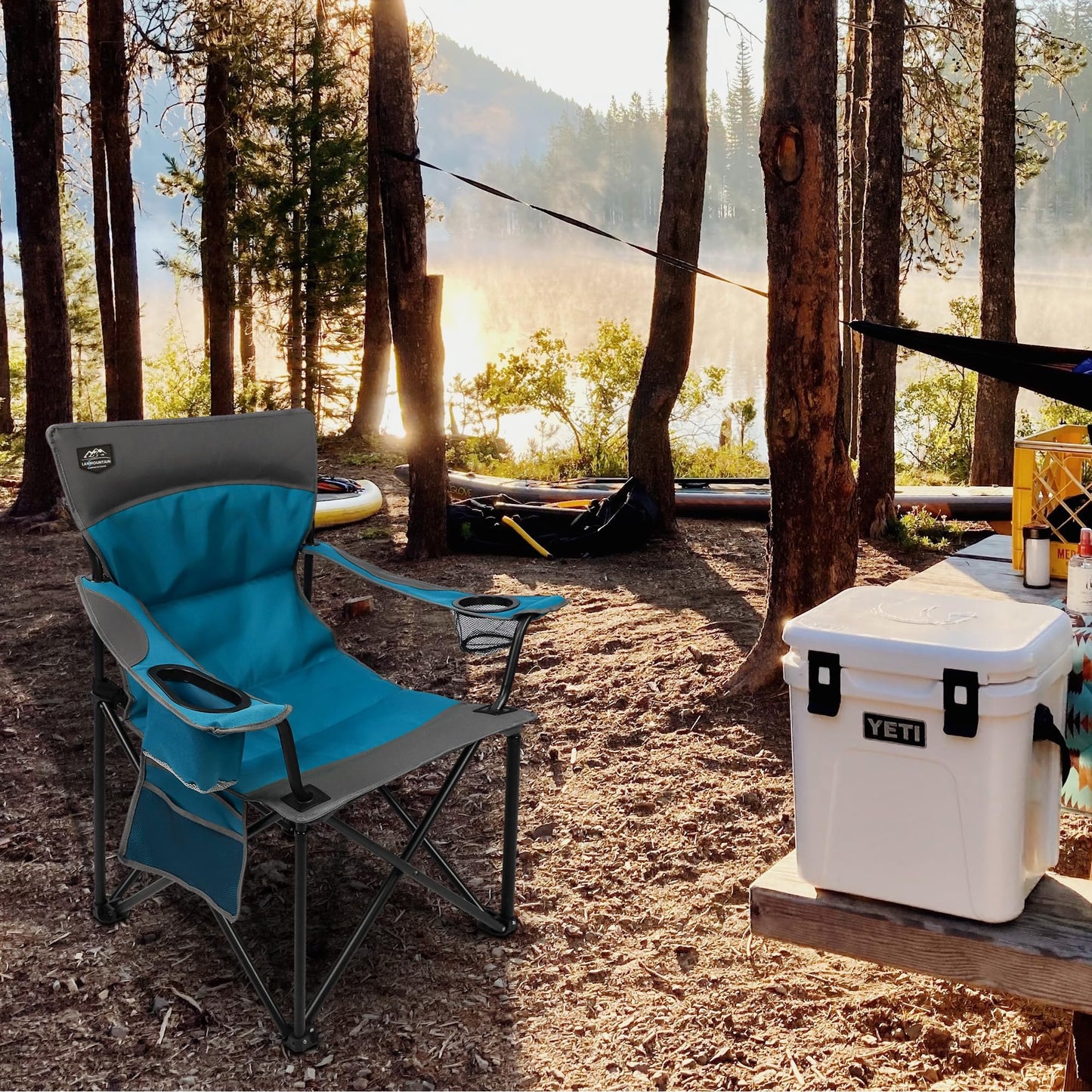 LANMOUNTAIN Oversized Folding Camping Chair,Heavy Duty Padded Portable Lawn Chair w/Extra Large Cup Holder,Side Pocket for Adults Outdoor Sports Hiking Beach Garden Picnic,Blue