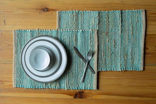 Chardin home | Natural Jute Placemats Set of 4 | 13x19 Inch. Rustic Farmhouse Place mats | Table mats Colors - Natural Jute and Aqua Turquoise