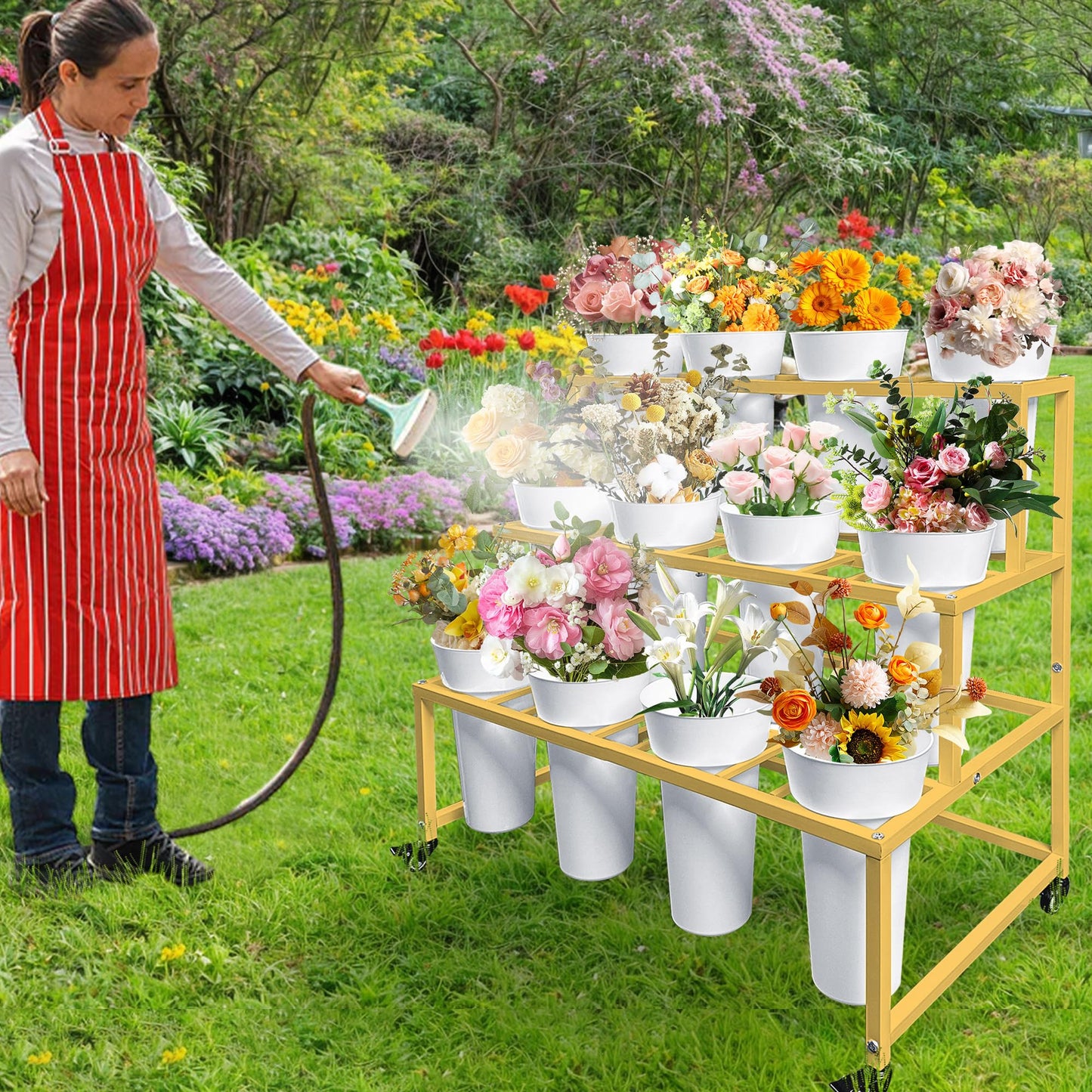 PROLEE Flower Stand with 12 Buckets, Flower Display Stand with Wheels, Flower Cart, Moving Florist Bouquet Shelf, Rectangular, Gold