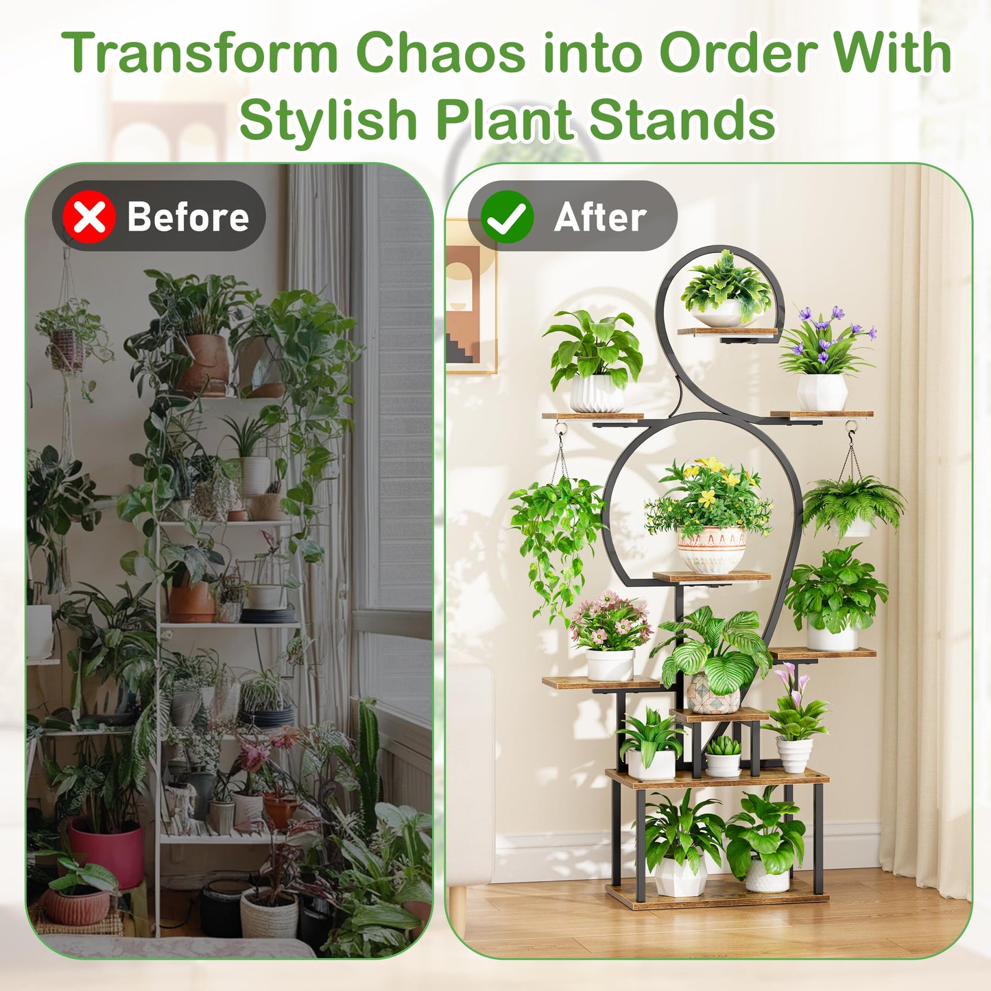 POZILAN Plant Stand Indoor with Grow Light - 9 Tiered 63" Tall Indoor Plant Shelves for Multiple Plants, Large Plant Shelf with Grow Light, Lighted Plant Stand for Indoor Plants