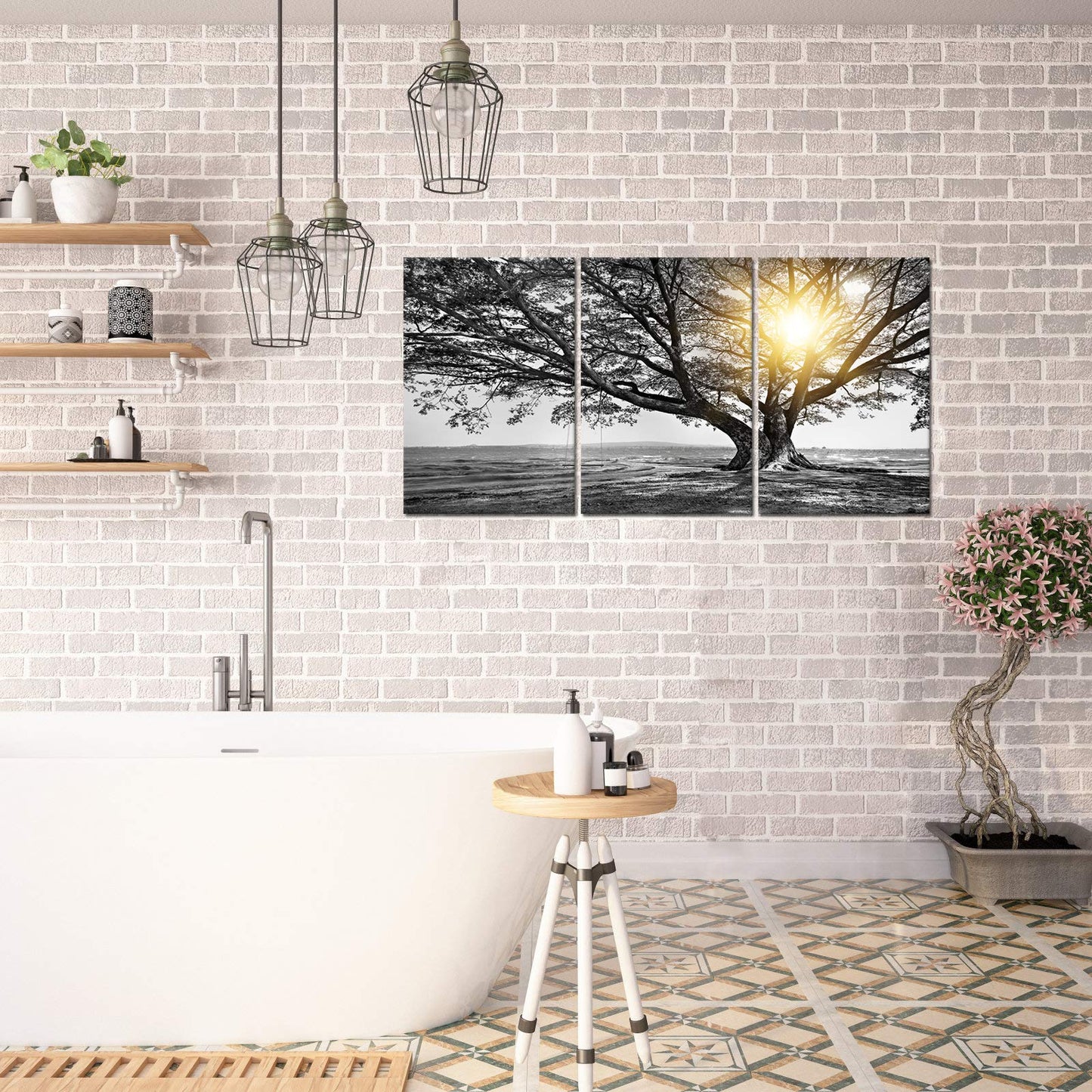 Biuteawal 3 Piece Wall Art Black White Tree at Warm Sunrise Landscape Picture Photo Canvas Prints Nature Tree of Life Painting for Home Office Living Room Decor Stretched and Framed Ready to Hang