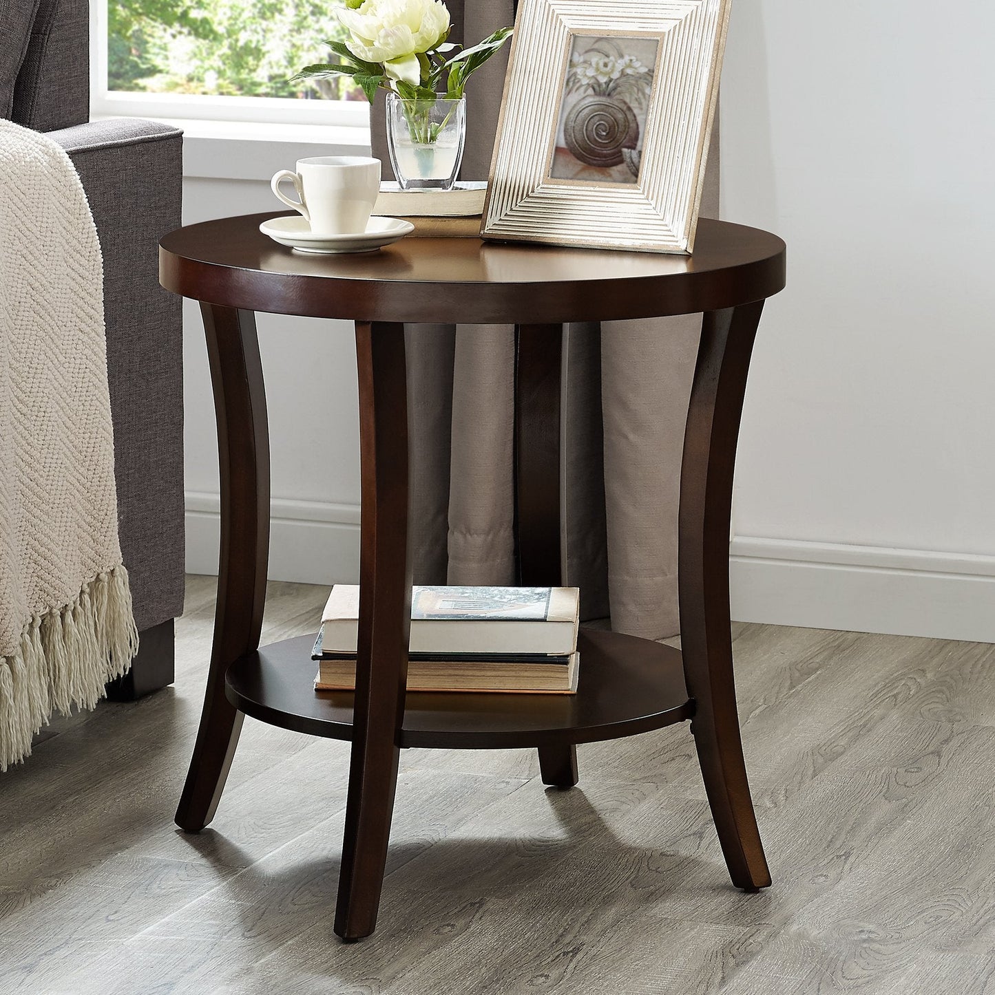 Roundhill Furniture Perth Contemporary Round End Table with Shelf, Espresso