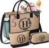 Personalized Gifts for Women Tote Bag, Initial Jute Tote Bag & Makeup Bags Monogrammed Beach Bag w/ Zipper, Birthday Gifts Mothers Day Gifts for Mom Women Her Friend Sister Wife Grandma Teacher Nurse