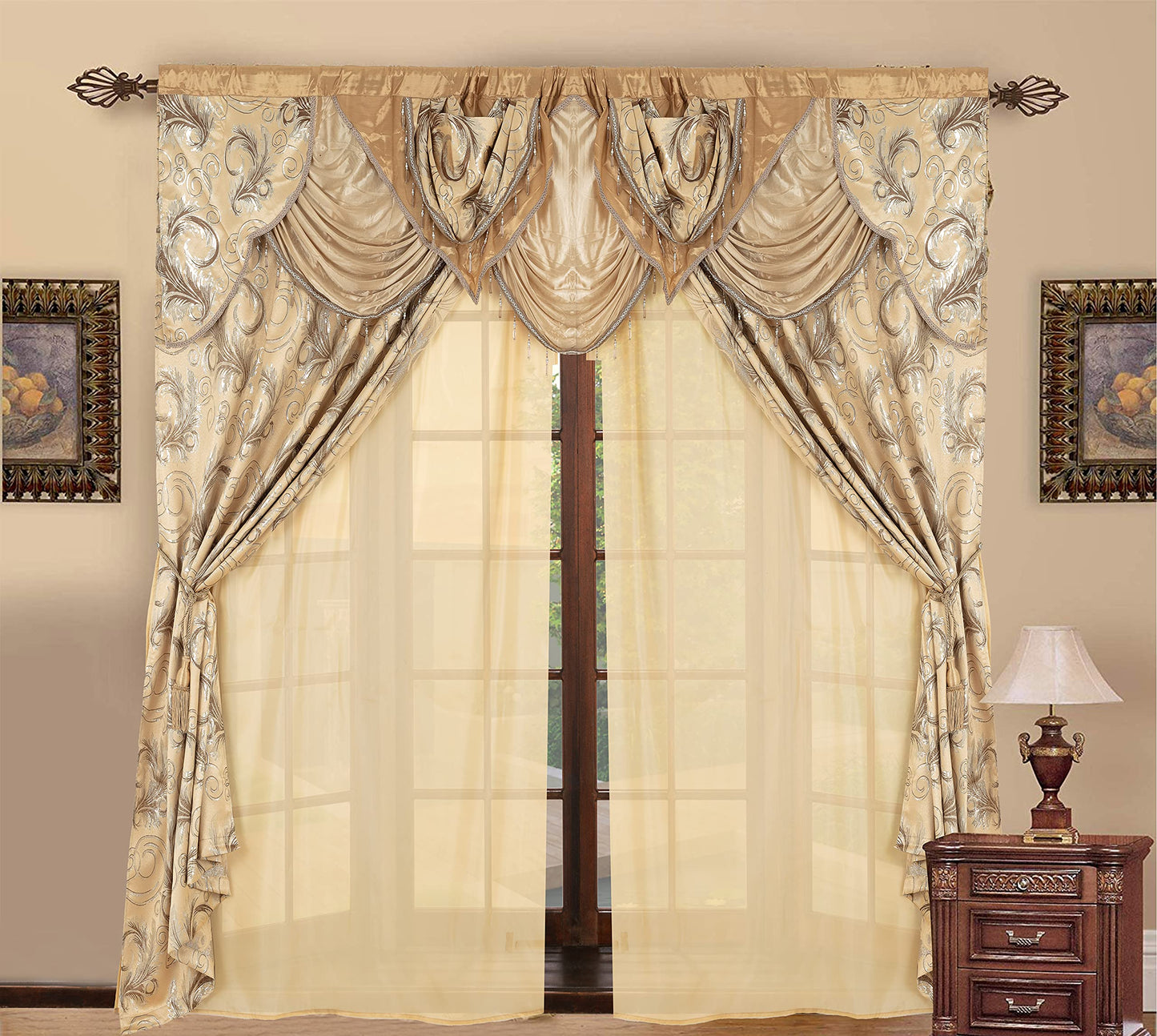 GLORY RUGS Jacquard Luxury Window 2 Panel Set Taupe Curtain with Attached Valance and Backing Bedroom Living Room Dining 2 Curtains 55x84 inches Each Jana