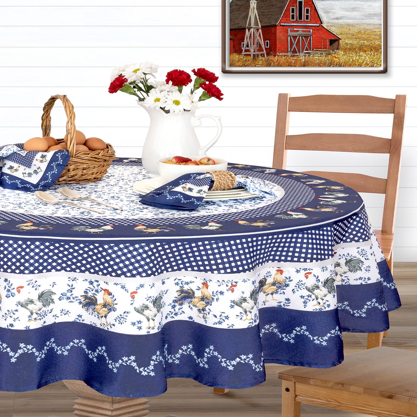 Home Bargains Plus Oval Fabric Tablecloth, 60 x 84 Inch, Blue Provence Rooster, Wrinkle, Water and Stain Resistant Country Provence Table Cloth, Farm