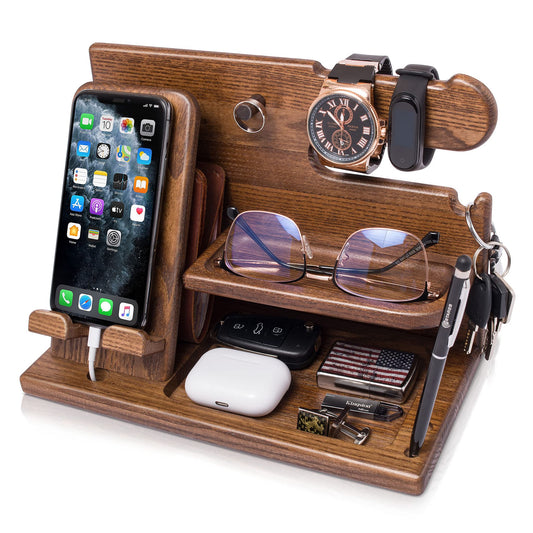 TESLYAR Wood Phone Docking Station for Men - Desk or Nightstand Organizer - Birthday Gifts for Husband, Dad - Anniversary Idea from Wife - Key Holder, Stand Wallet, Watch & Essentials (Bourbon Brown)