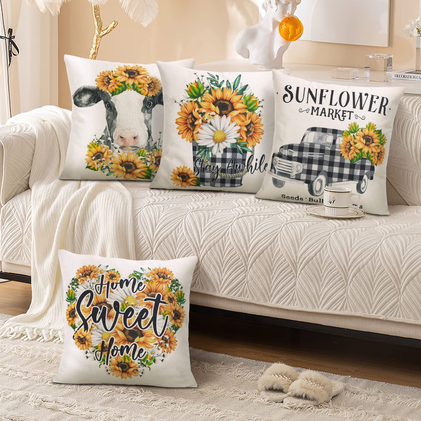 Hofomca Spring Summer Sunflower Throw Pillow Covers 18x18 Set of 4,Yellow Flowers Cushion Case Farmhouse Black and White Cow Buffalo Plaid Pattern Home Decorative for Couch Sofa Outdoor Living Room