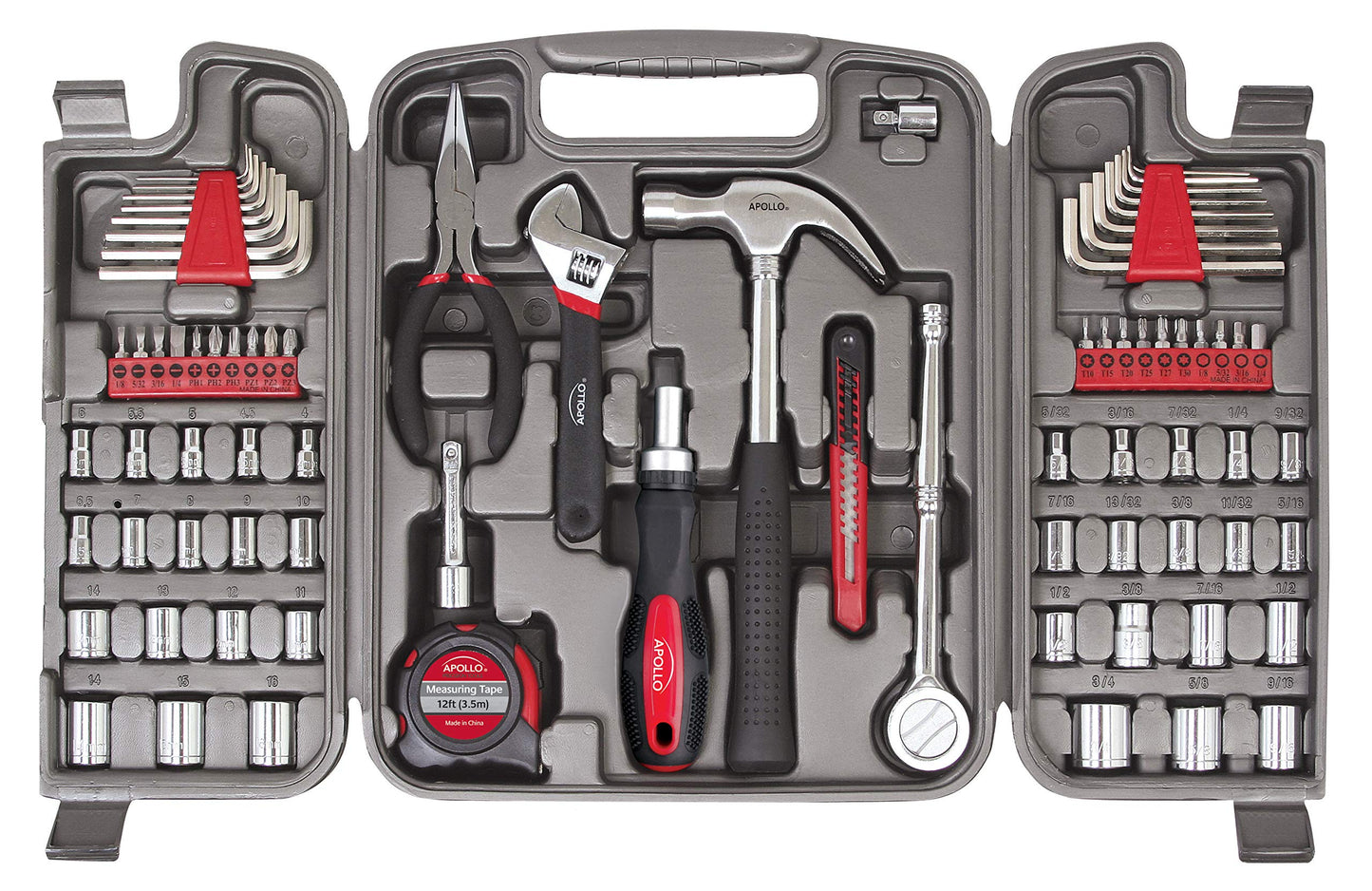 Apollo Tools 79 Piece Multi-Purpose SAE and Metric Tool Set with Sockets for the Garage, Home or on the Road. Includes Essential Tools for Vehicle Maintenance and Repairs - Red- DT9411