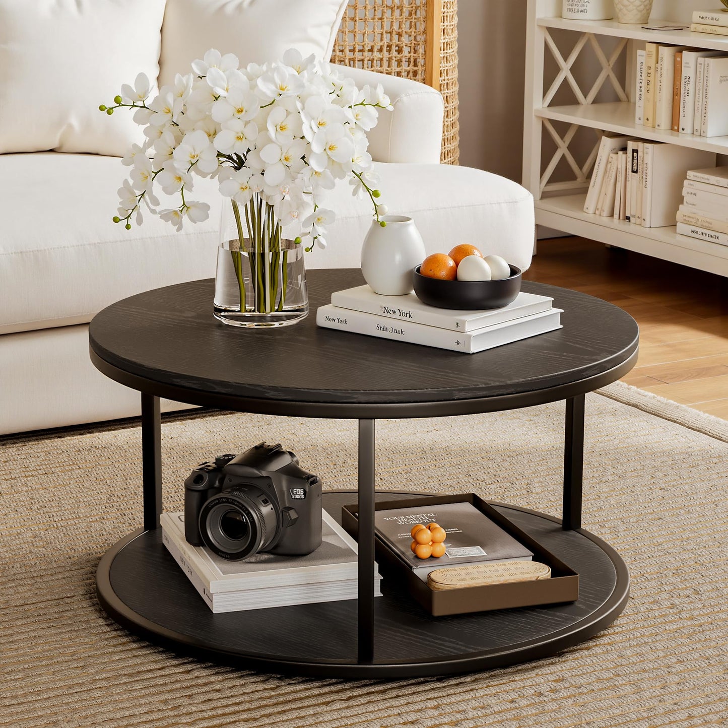 YESHOMY 36“ Black Round Coffee Table, Coffee Tables for Living Room, Metal & Wood Round Table, Small Space Solution for Living Room Furniture, Black