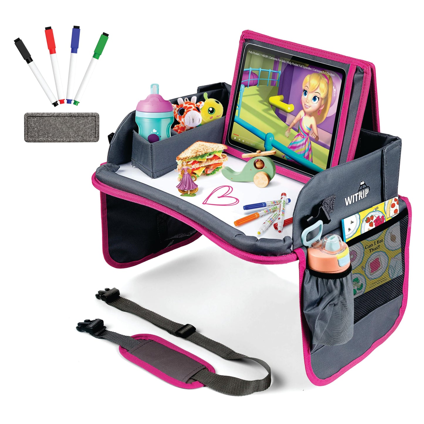 Kids Travel Tray with Dry Erase Board – Car Seat Tray for Kids Travel, Toddler Car Seat Table for Road Trips & Airplane Travel – No-Drop Tablet Holder, Snack & Activity Organizer (Pink Frame)
