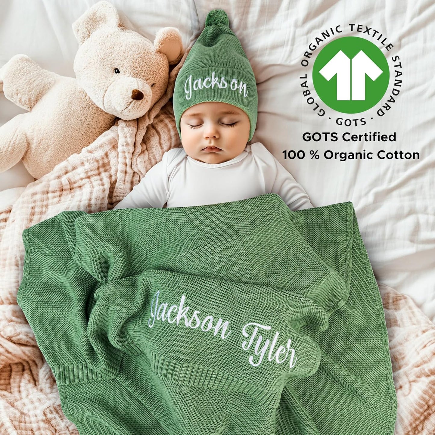 Personalized Baby Blanket, 100% Organic GOTS Certified Cotton, Customized Swaddle Blanket with Name, Receiving Blankets for Boys and Girls, Perfect Custom Gifts for Newborns, Kids and Baby Showers