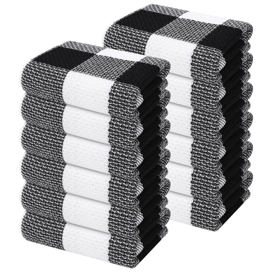 Mordimy 100% Cotton Waffle Weave Kitchen Towels, 13 x 28 Inches, Super Soft and Absorbent Buffalo Check Dish Towels for Drying Dishes, 4-Pack, Black & White
